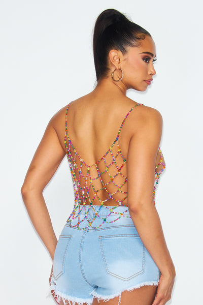 Be The Show Bejeweled Beaded Net Crop Top