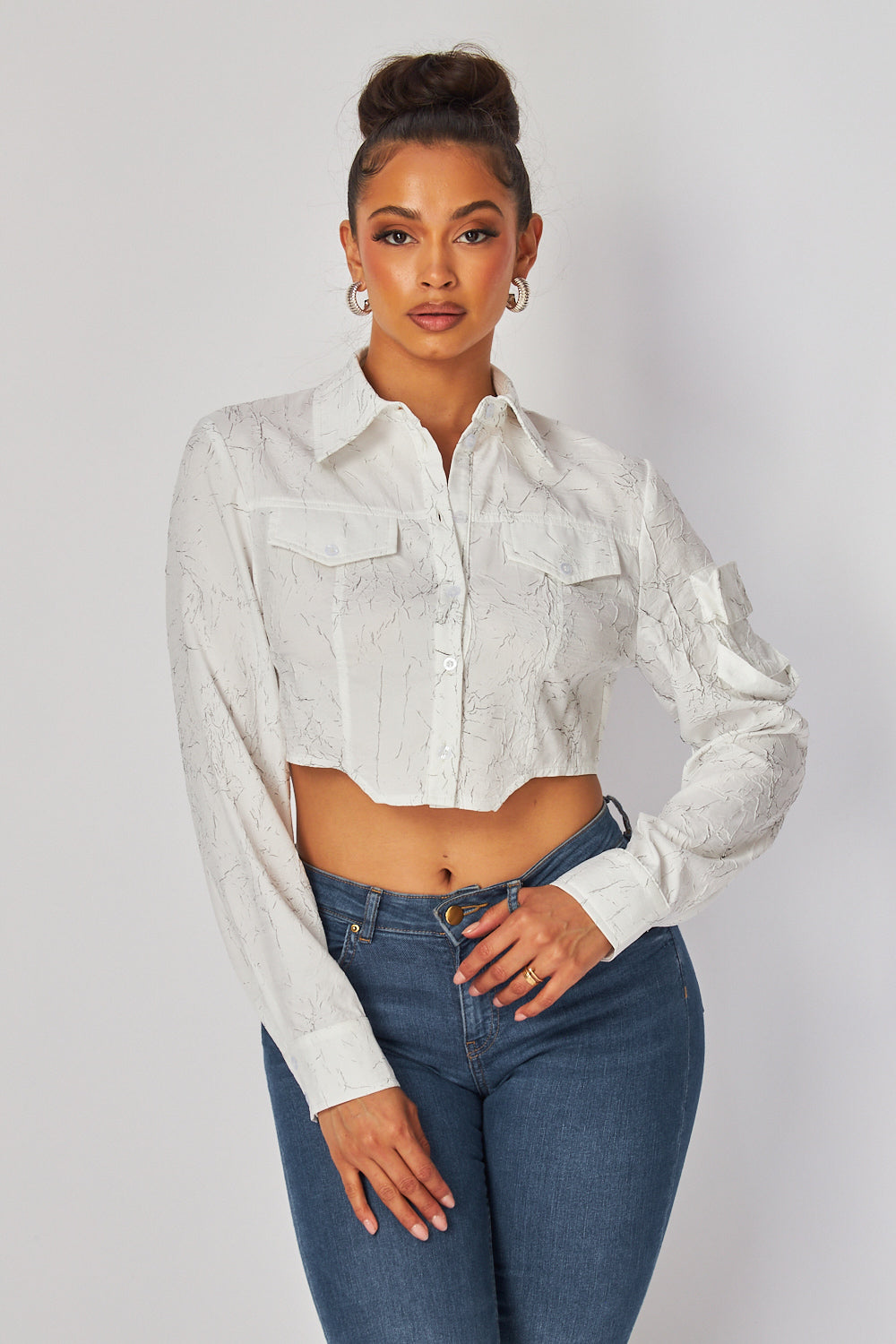 Jenna Jacquard Print Crop Button Up Shirt