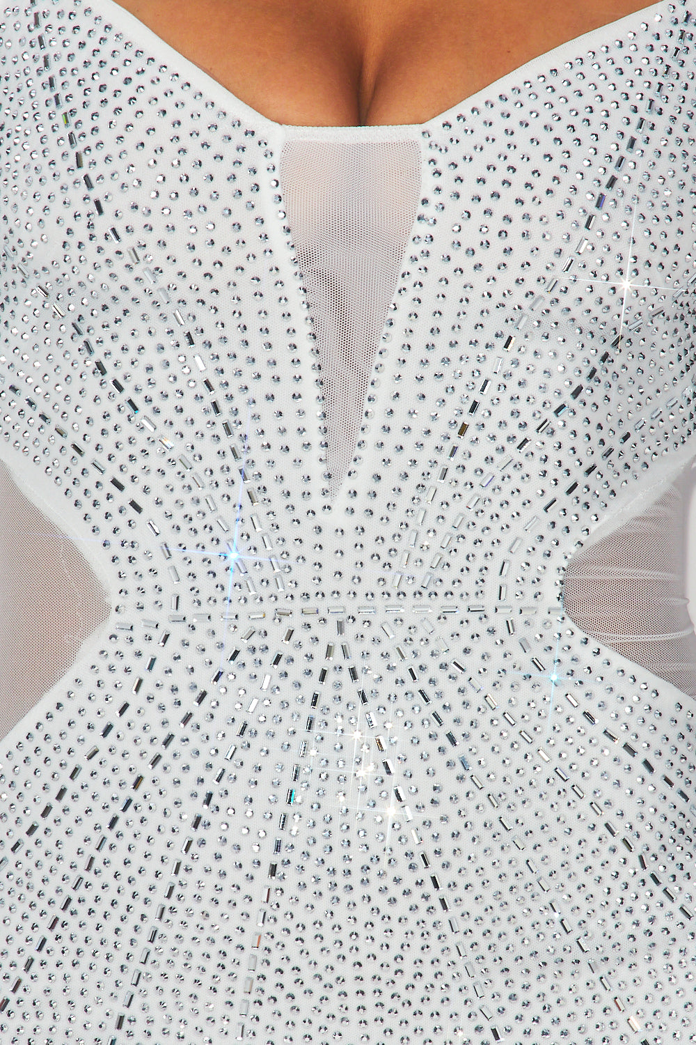 Carly Rhinestone Nylon Mesh Long Sleeve Mini Dress