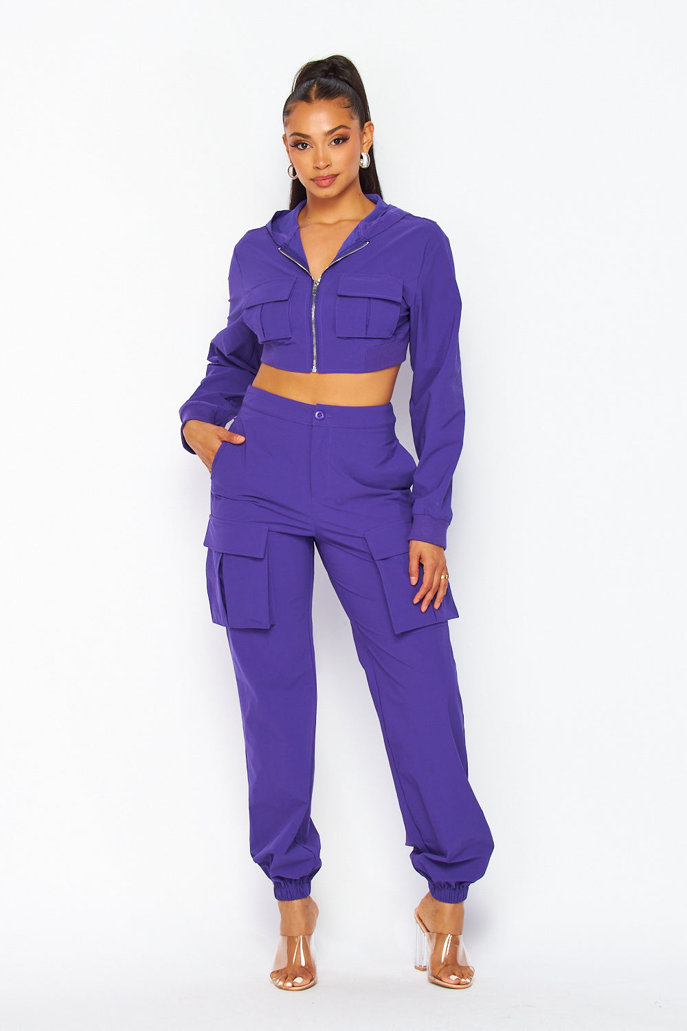 She's Spicy Nylon Hooded Top And Jogger Pant Set