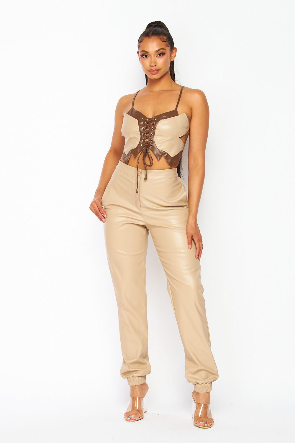 Lucky Faux Leather Two Piece Jogger Pant Set