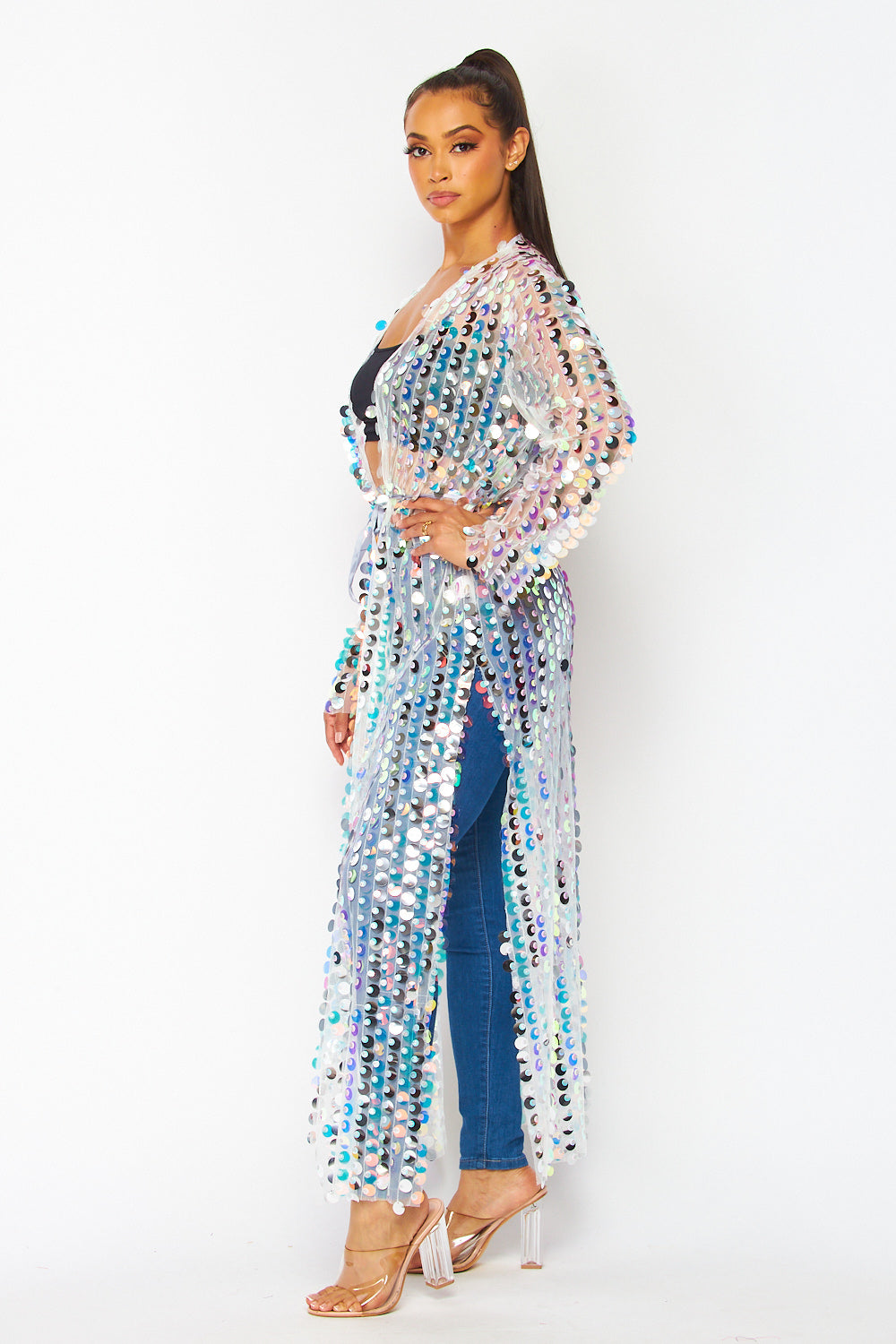 Lila Sequined Mesh Ankle Length Belted Duster Robe