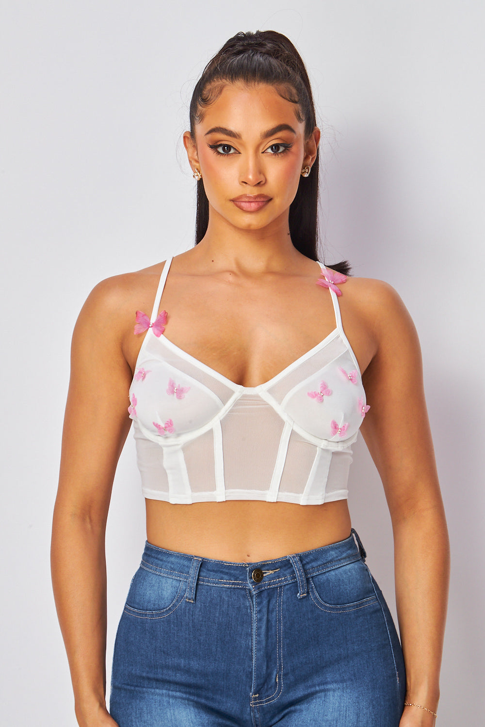Fly Away Butterfly Patches Bustier Mesh Crop Top