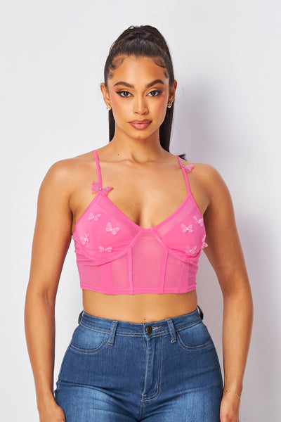 Fly Away Butterfly Patches Bustier Mesh Crop Top