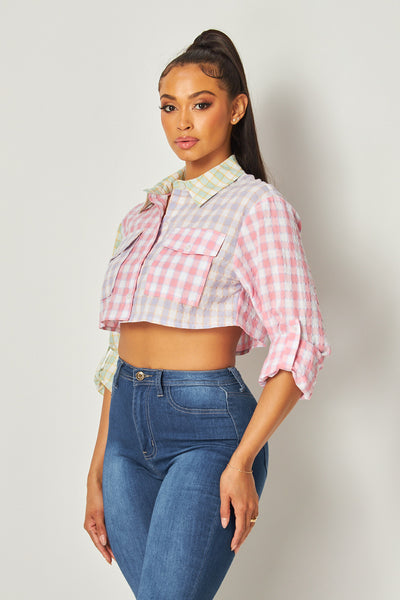 Imaan Color Block Plaid Button Up Crop Top