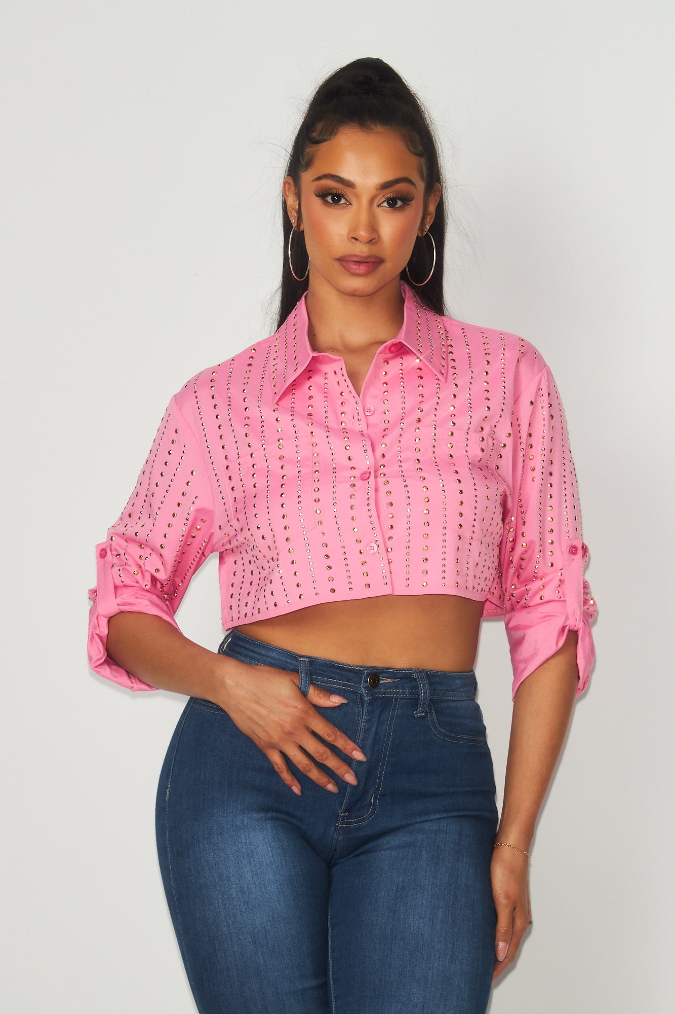 Sweet Day Stud Embellished Crop Button Up Shirt