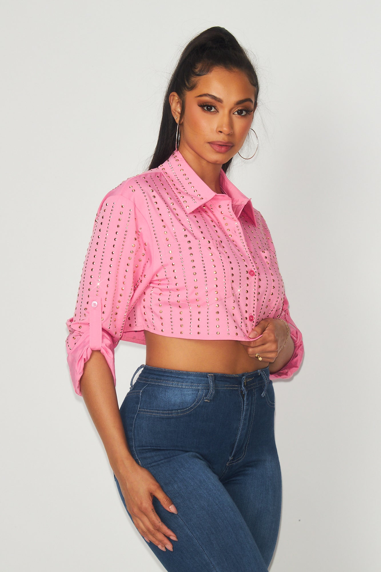 Sweet Day Stud Embellished Crop Button Up Shirt