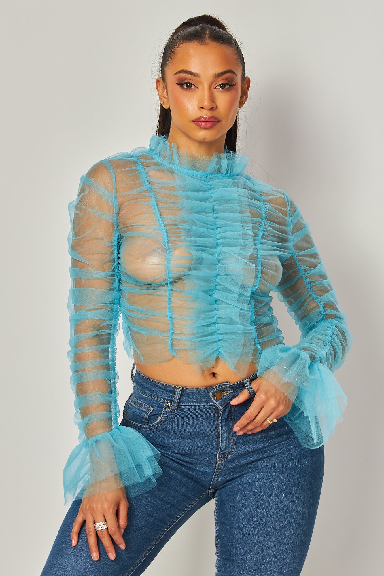 All Of Me Shirred Mesh Mock Neck Long Sleeve Top