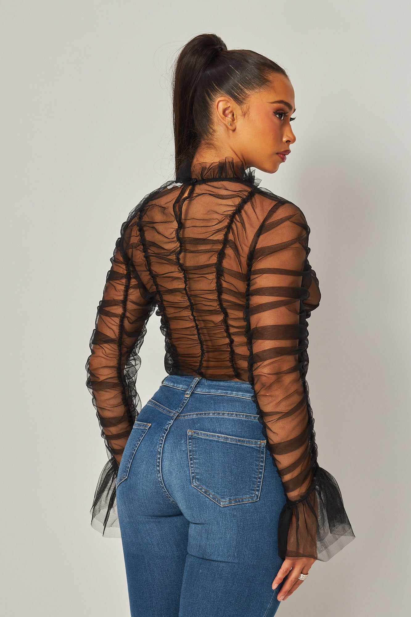 All Of Me Shirred Mesh Mock Neck Long Sleeve Top