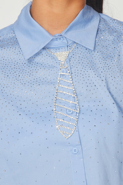 Dulce Maria Rhinestone Tie crop Button Up Shirt