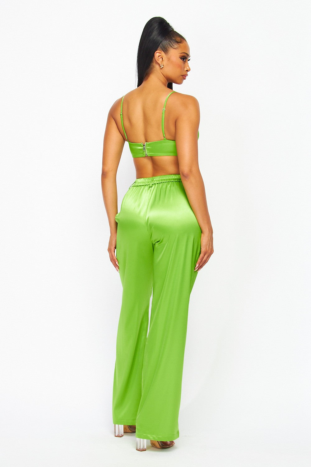 Bossy Satin Two Piece Flare Pant Set