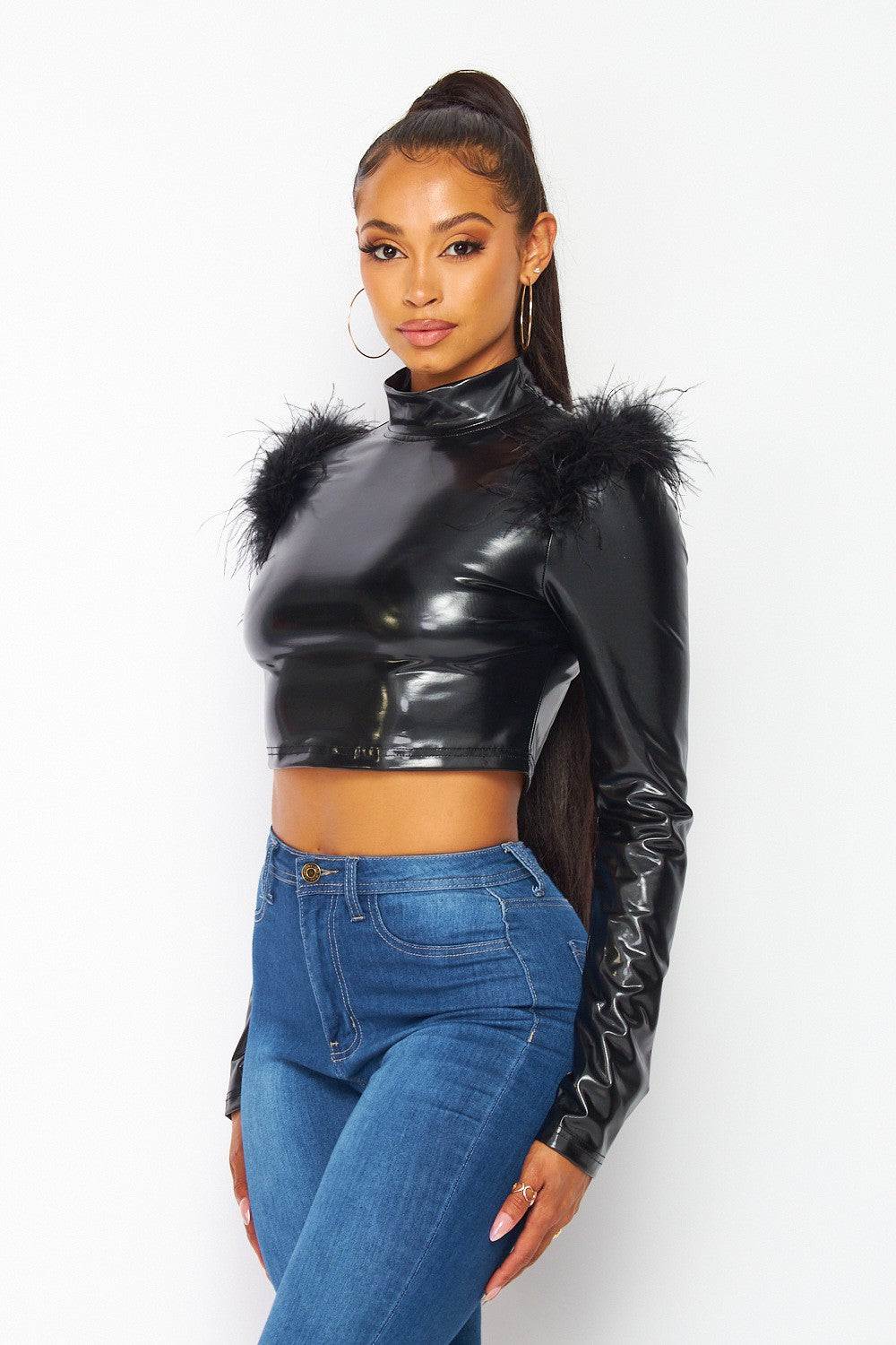 Vivacious Vegan Latex Leather and Feather Crop Top