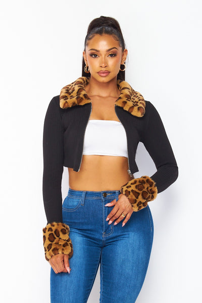 Hazel Leopard Print Faux Fur Trim Crop Knit Jacket