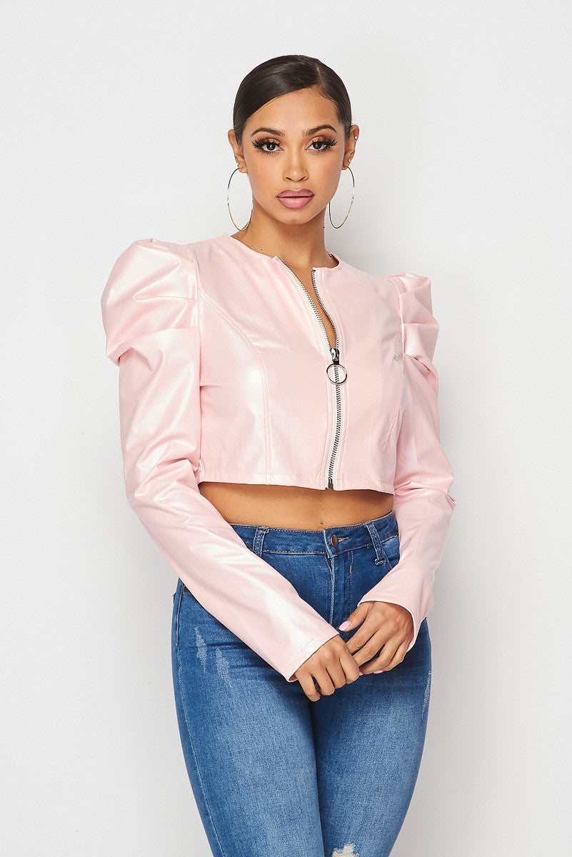 Gia Power Shoulder Faux Leather Cropped Jacket