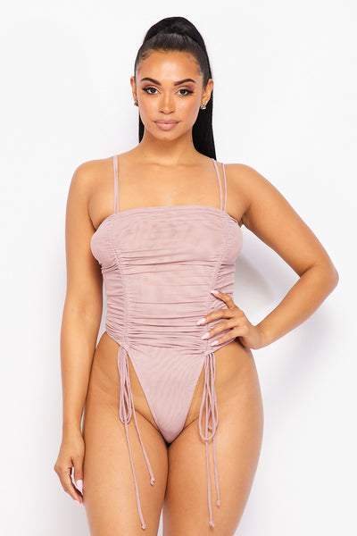 Hard To Leave Ruched Sheer Mesh Cami Bodysuit