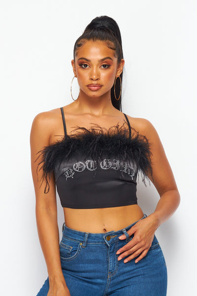 She's A Hot Girl Rhinestone and Feather Crop Top