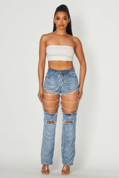 Mina Rhinestone Chain Detail Denim Jeans Pants