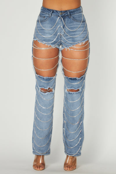 Mina Rhinestone Chain Detail Denim Jeans Pants