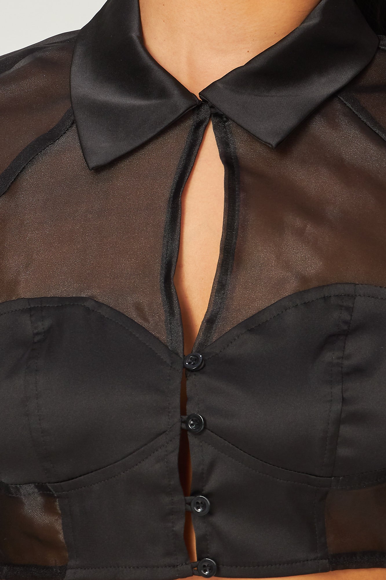 Marie Satin Sheer Contrast Crop Button Up Crop Top