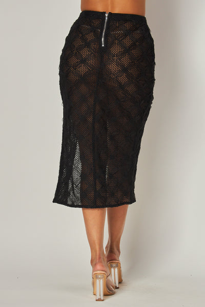 Janette Lace Contrast Side Slit Midi Skirt