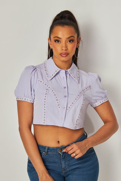 Raquel Puff Sleeve Stud Trim Crop Button Up Shirt