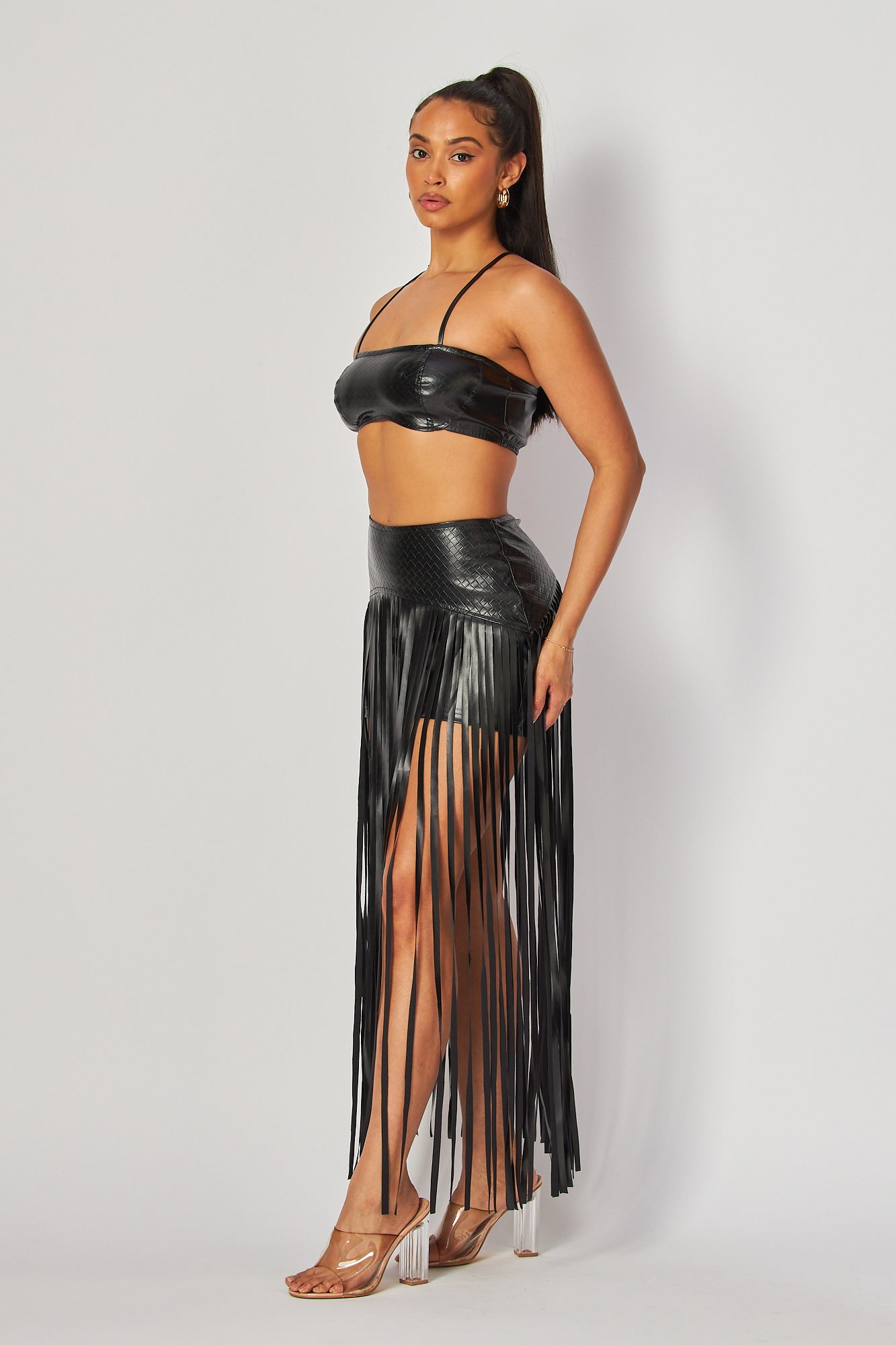 Ursula Faux Leather Fringe Crop Top & Skirt Set