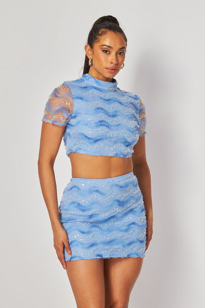 Barbara Mesh Short Sleeve Crop Top & Skirt Set