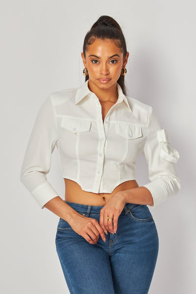 Adrianna Crop Cargo Pocket Button Up Shirt