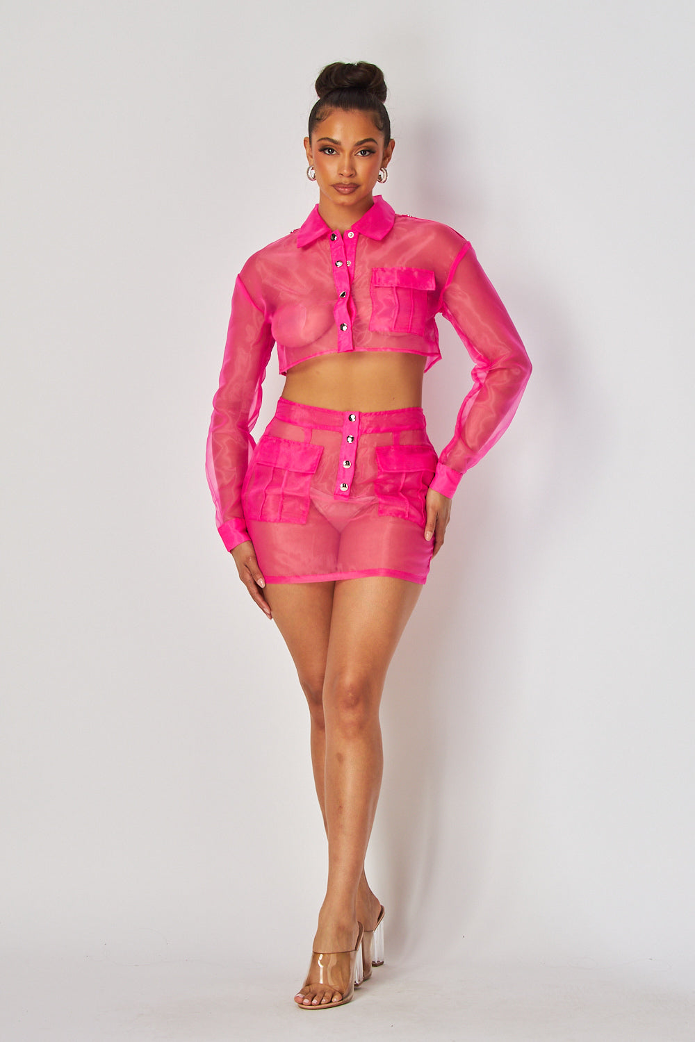 Faye Organza Sheer Button Up Top & Skirt Set