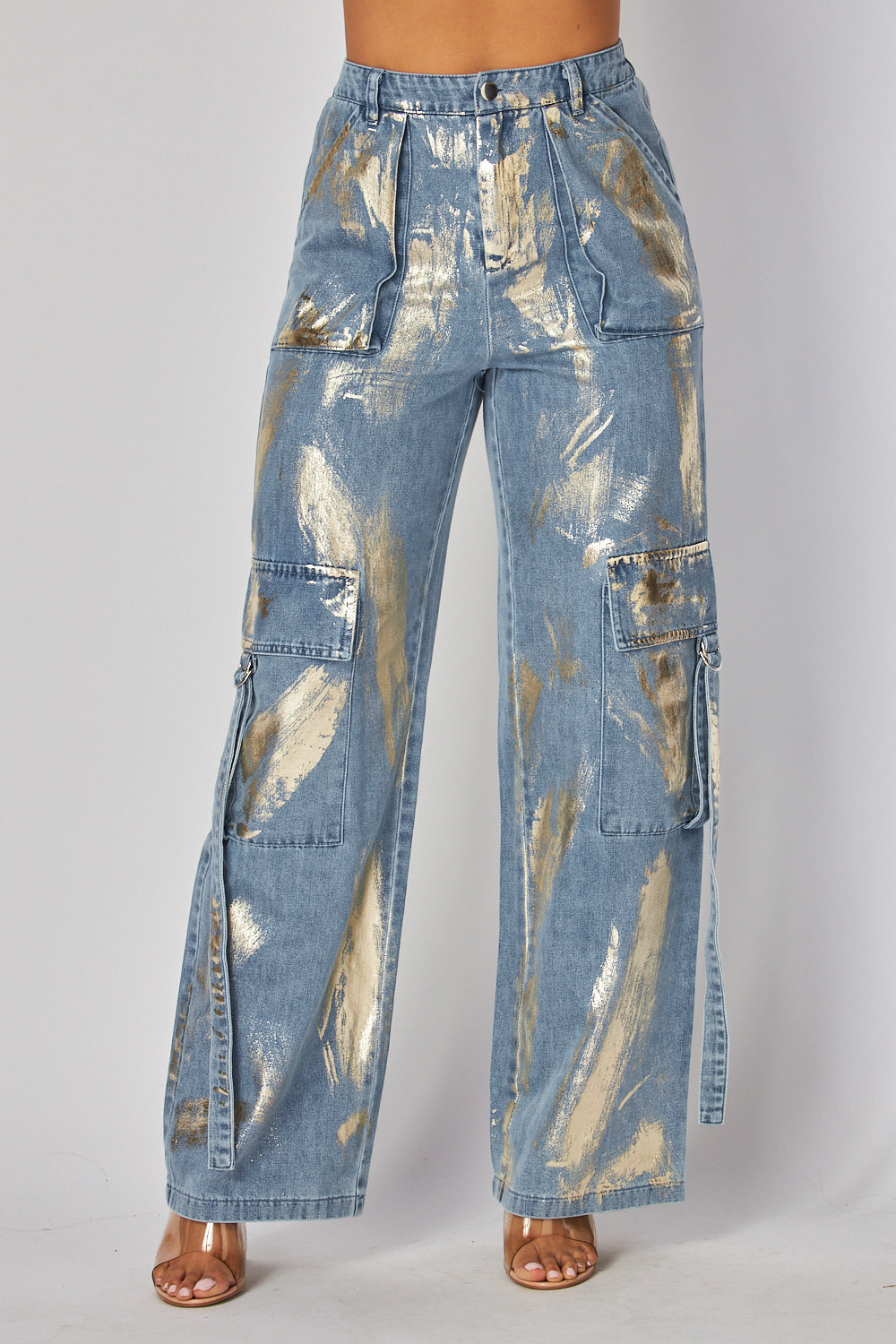 Elisa Gold Foil Print Denim Cargo Pocket Jeans Pants