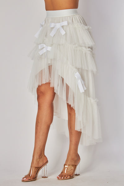 Sweet Life Tiered Mesh Ruffled High Low Bow Skirt