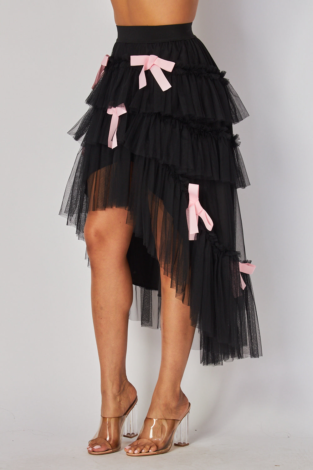 Sweet Life Tiered Mesh Ruffled High Low Bow Skirt