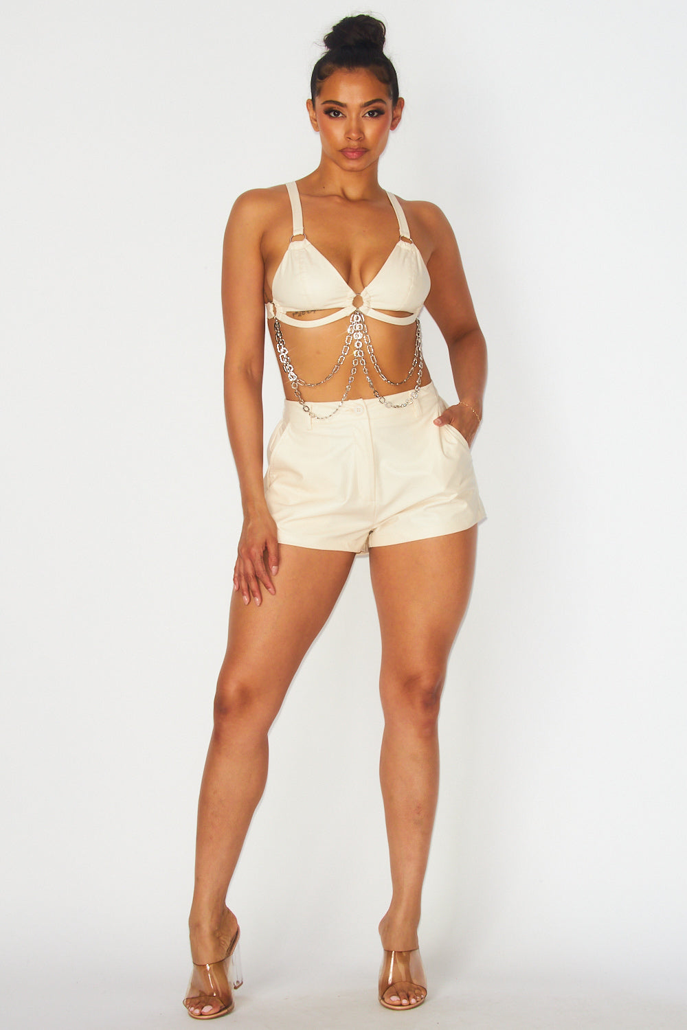 Ginny Faux Leather Chain Bra Top & Shorts Set