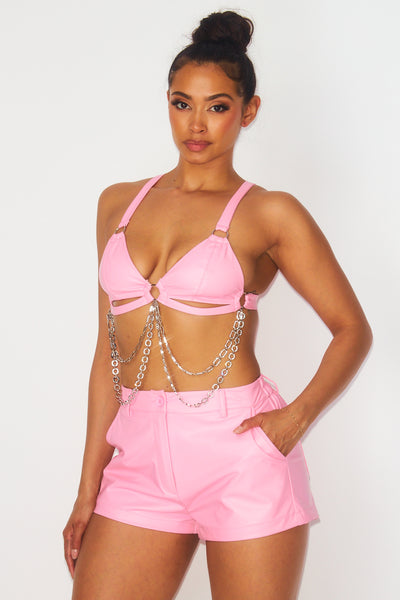 Ginny Faux Leather Chain Bra Top & Shorts Set
