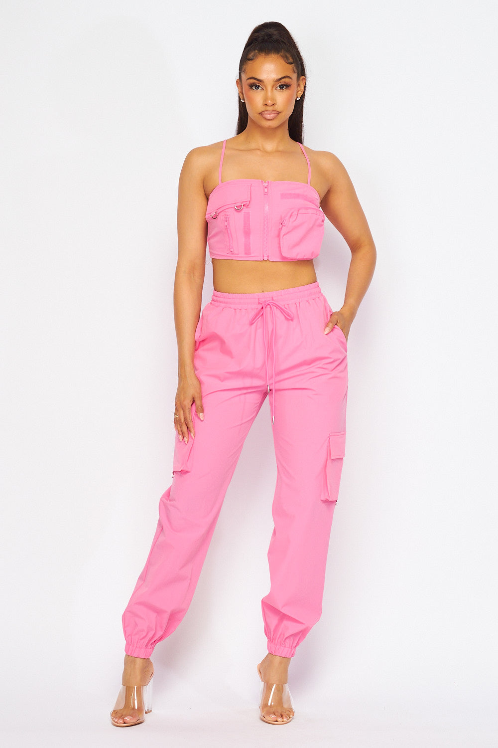 Make Me Famous Nylon Two Piece Top and Jogger Set