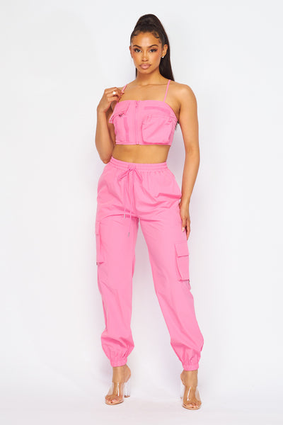 Make Me Famous Nylon Two Piece Top and Jogger Set