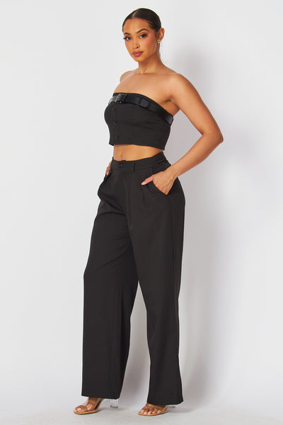 Cassie Belted Crop Tube Top & Straight Pants Set