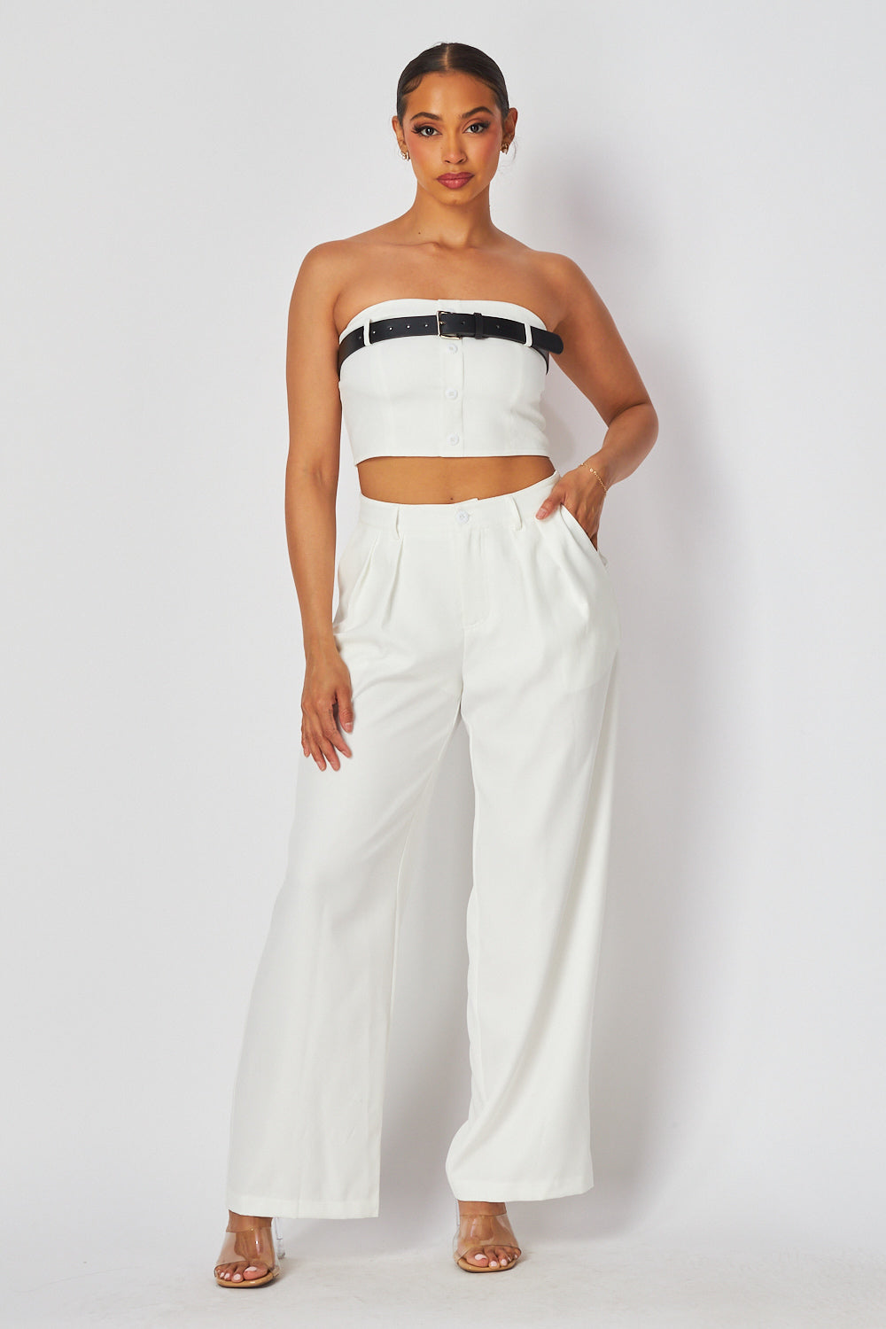 Cassie Belted Crop Tube Top & Straight Pants Set