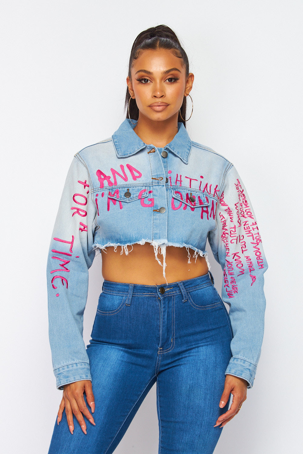 Set You Free Cropped Denim Jacket with Lettering