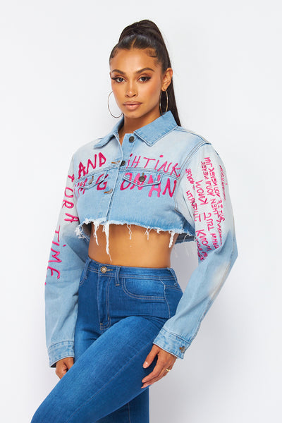 Set You Free Cropped Denim Jacket with Lettering