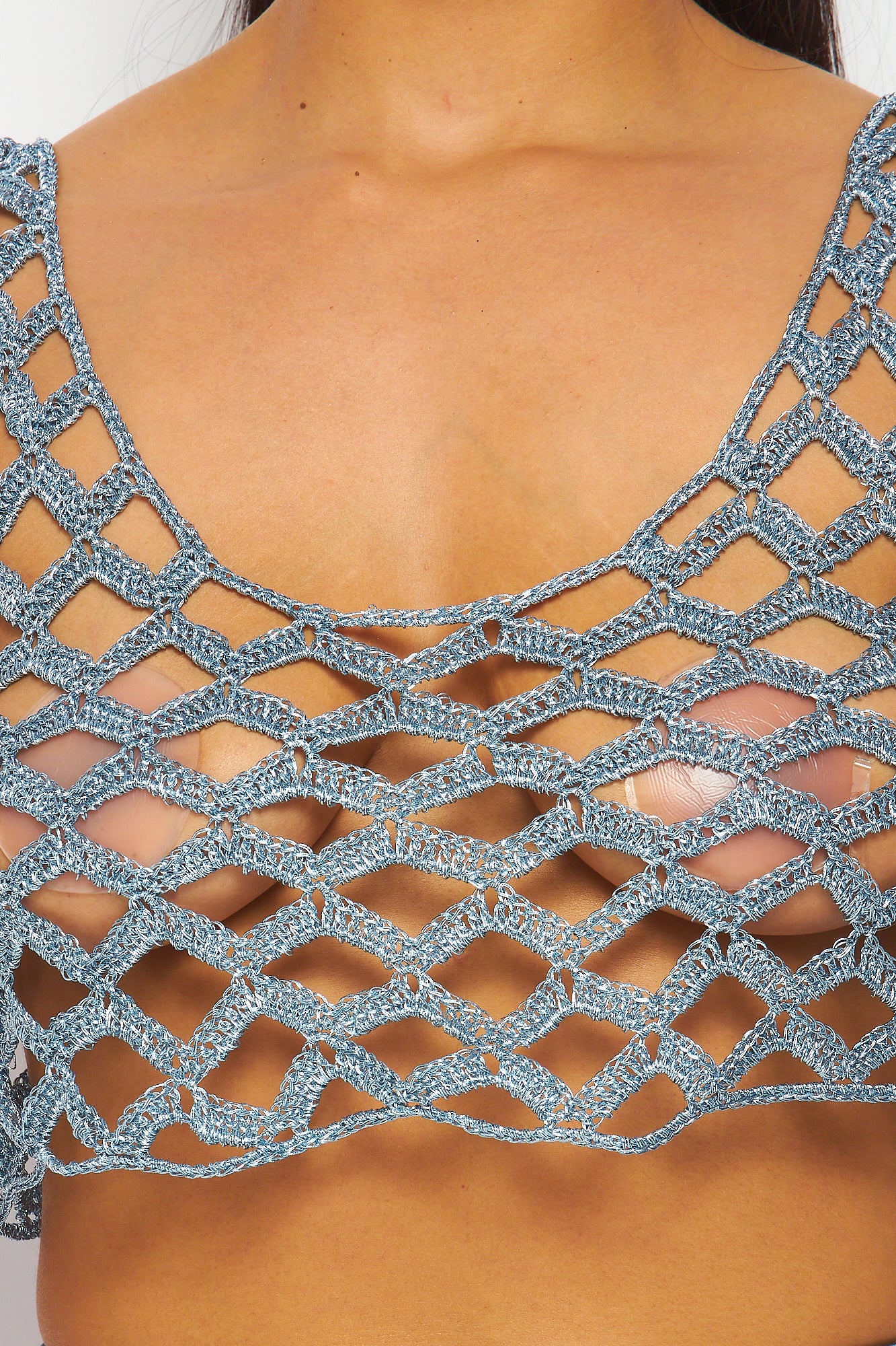 In A Trans Metallic Thread Net Cami Crop Top