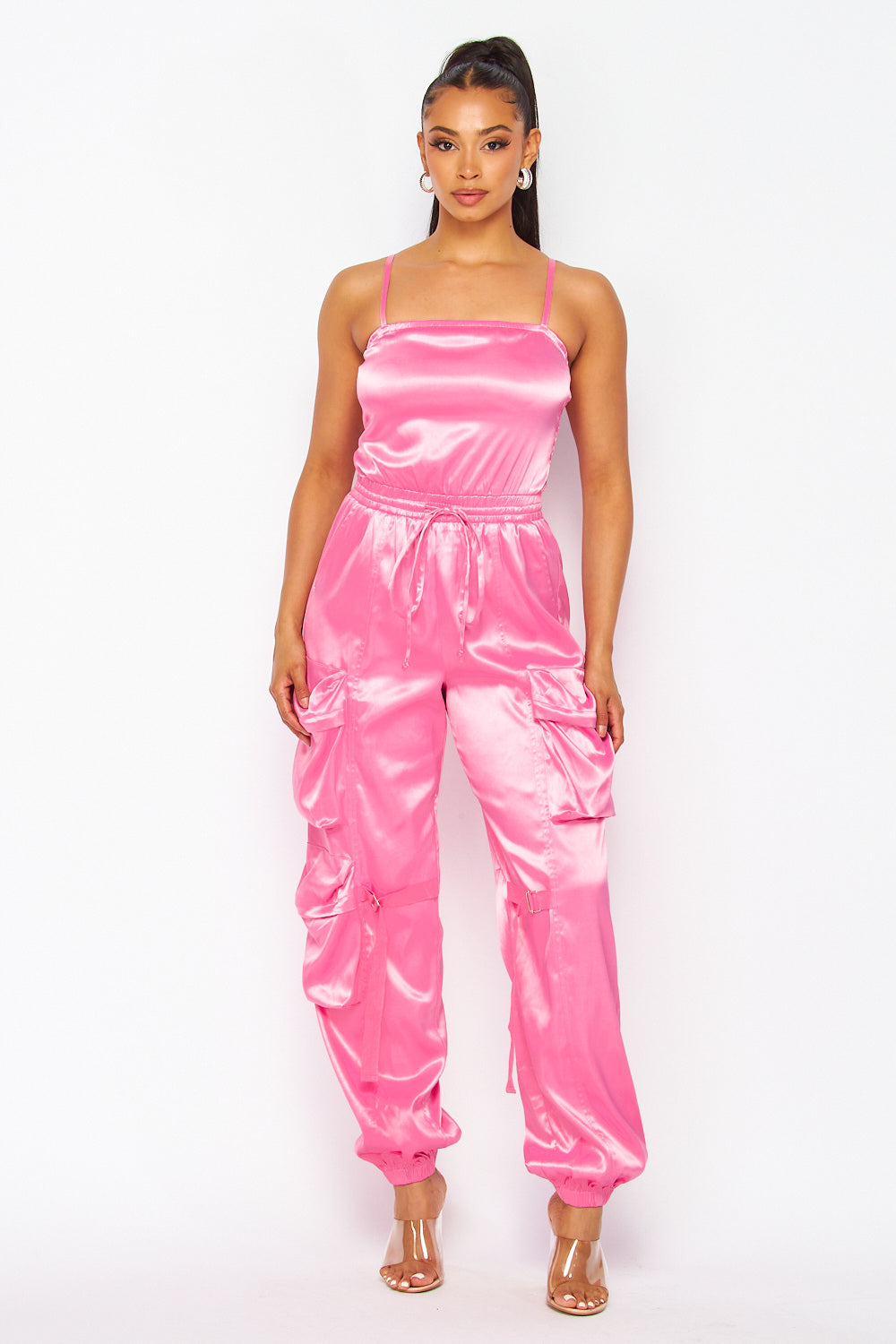 Work From Home Satin Cargo Pocket Jumpsuit