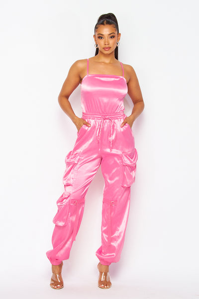 Work From Home Satin Cargo Pocket Jumpsuit