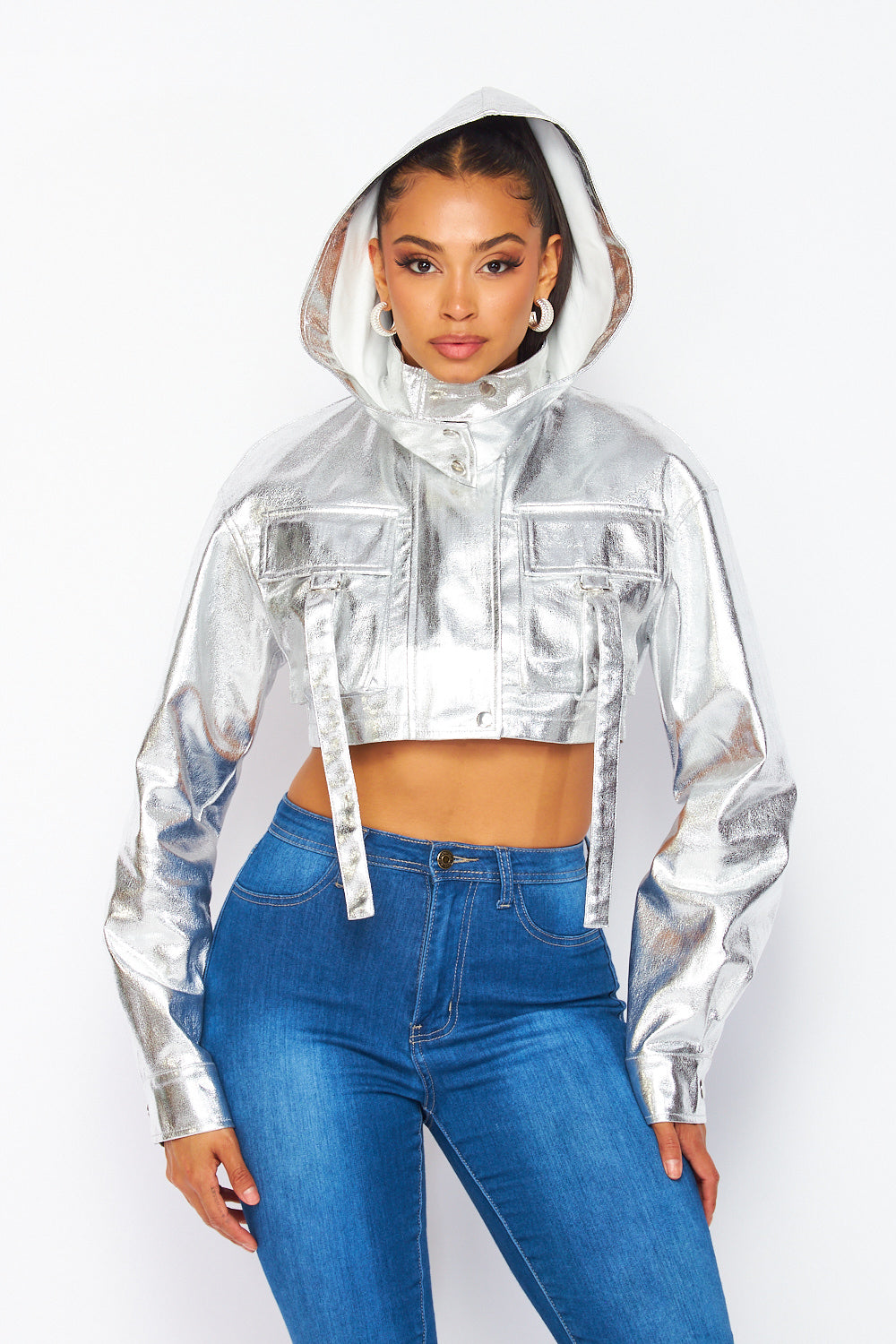 For You Shiny Metallic Hoodie Cargo Cropped Jacket