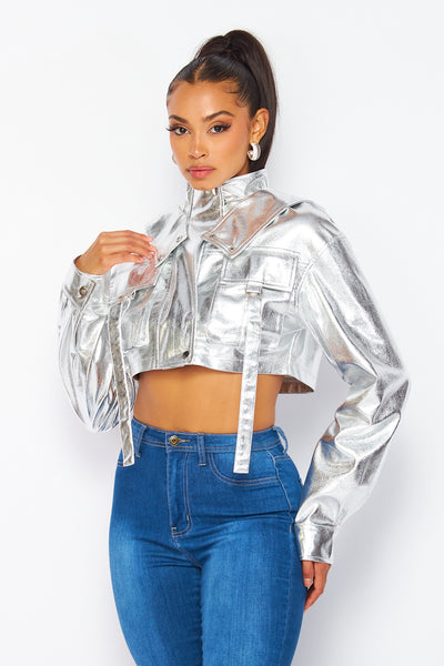 For You Shiny Metallic Hoodie Cargo Cropped Jacket