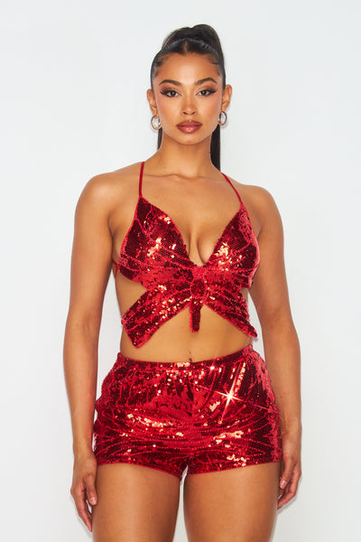 Kimani Butterfly Sequin Crop Top and Shorts Set