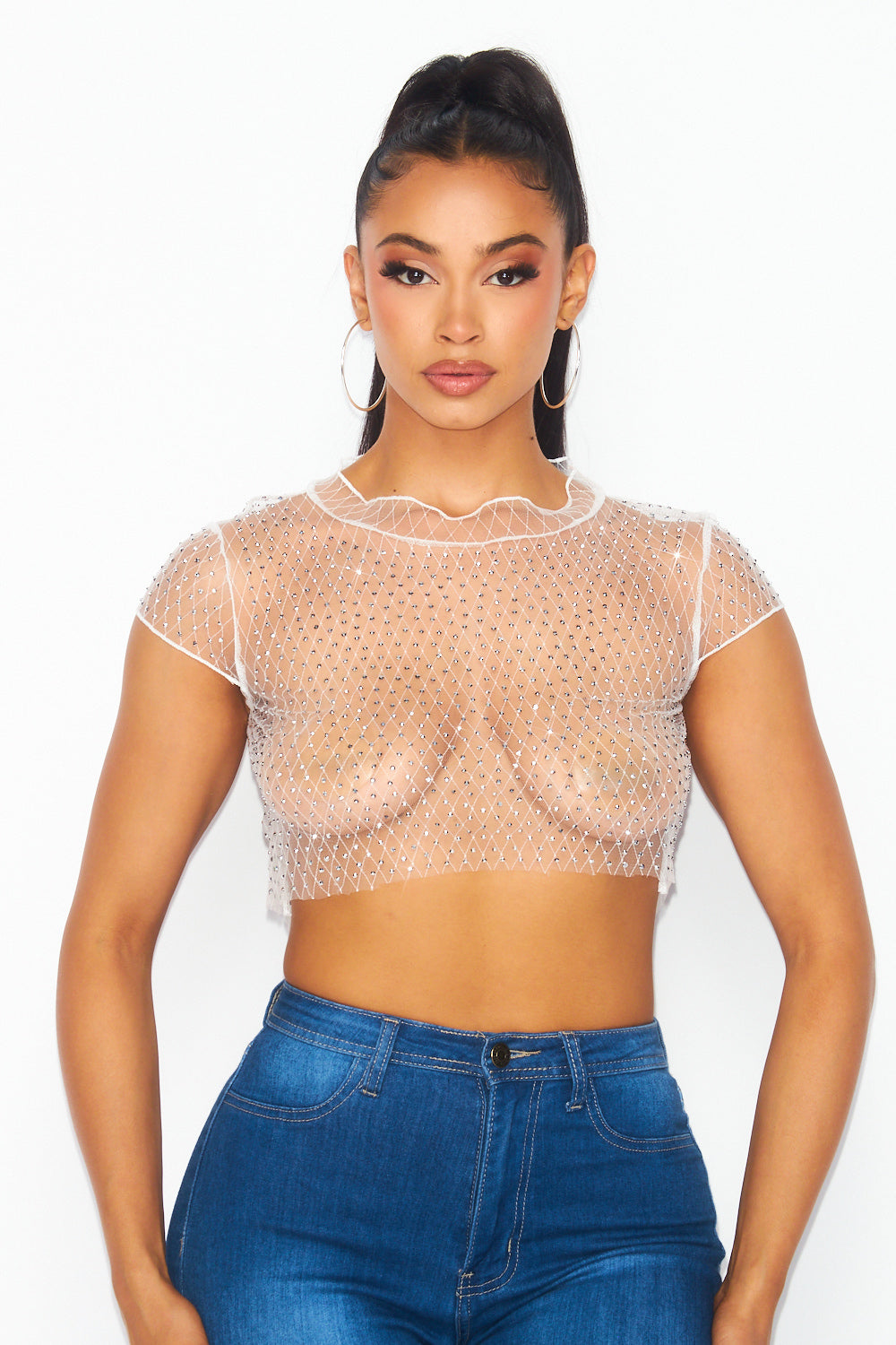 Prize Sheer Mesh and Rhinestone Cropped Shirt Top