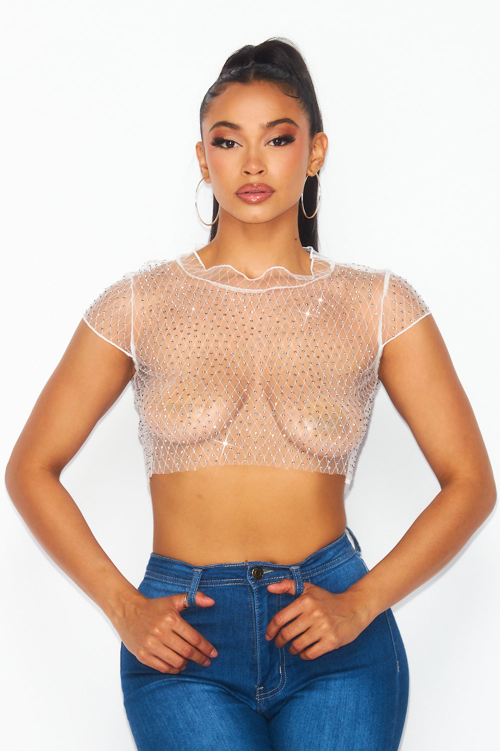 Prize Sheer Mesh and Rhinestone Cropped Shirt Top