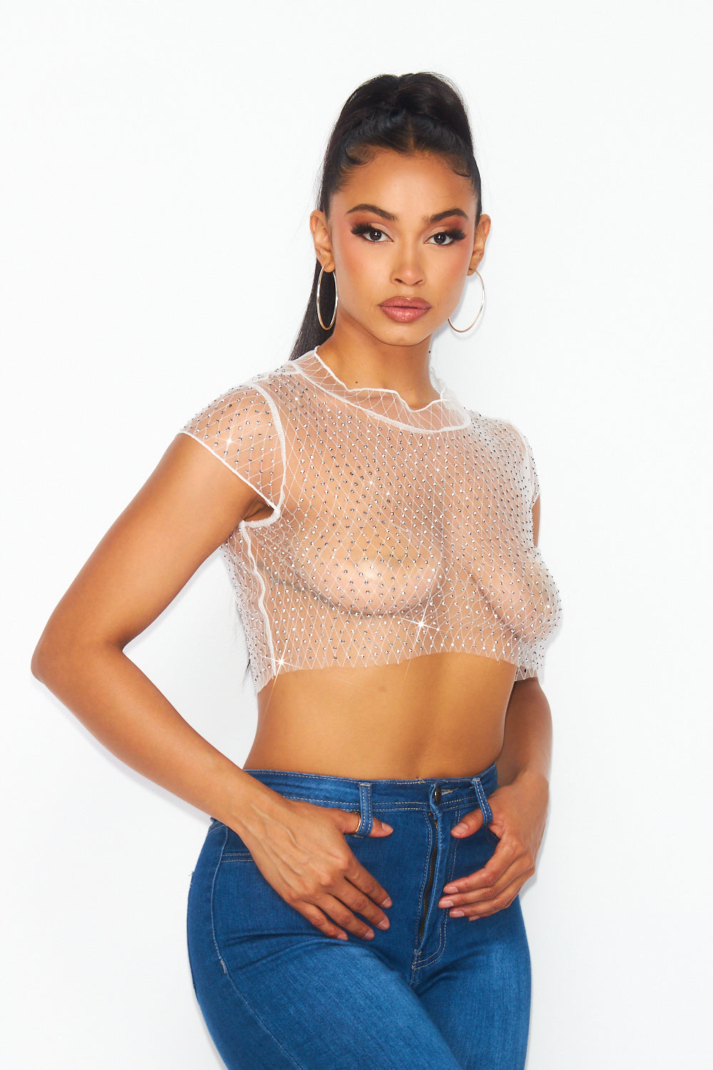 Prize Sheer Mesh and Rhinestone Cropped Shirt Top