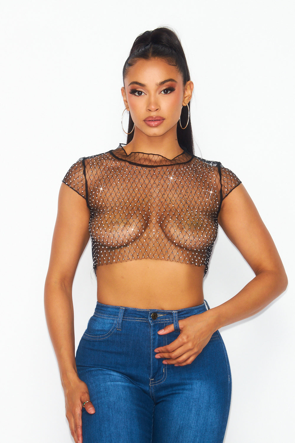 Prize Sheer Mesh and Rhinestone Cropped Shirt Top